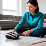 A professional-looking woman, fully clothed in modest, comfortable attire, sitting on a clean, modern living room floor. She is looking perplexed at a sleek, futuristic robot vacuum cleaner that is slightly askew, with an open, complex instruction manual laid out beside her. She holds a tablet showing a generic, unhelpful chatbot interface. The background features a minimalist, well-organized home interior with soft, natural light coming through a window. high-definition photography, sharp focus, natural colors, professional lighting, perfect anatomy, correct proportions, natural pose, well-formed hands, proper finger count, natural body proportions, safe for work, appropriate content, fully clothed, modest, family-friendly.