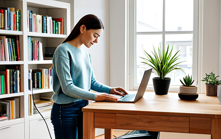 Modern Home Office**

"A bright and airy home office with a stylish robot vacuum cleaner tidying up a hardwood floor. Bookshelves line the back wall, filled with colorful books and potted plants. A woman in a comfortable, modest sweater and jeans is working on a laptop at a clean desk. Large window with natural light. Safe for work, appropriate content, fully clothed, professional, modest, perfect anatomy, correct proportions, natural pose, well-formed hands, proper finger count, natural body proportions, high quality."

**