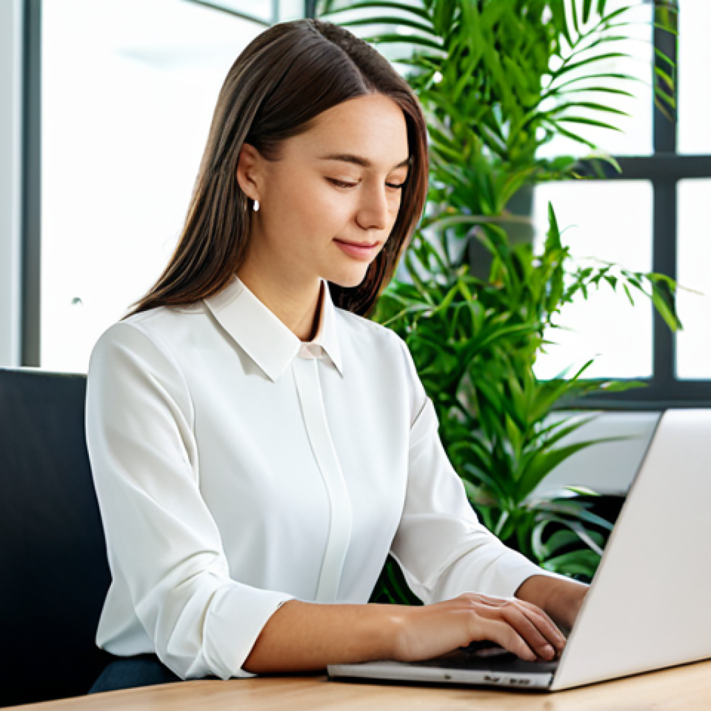 **

A professional woman, fully clothed in a modest business casual outfit (skirt and blouse), working on a laptop at a brightly lit co-working space. Natural lighting, modern decor, plants in the background. Safe for work, appropriate content, professional setting, perfect anatomy, well-formed hands.

**