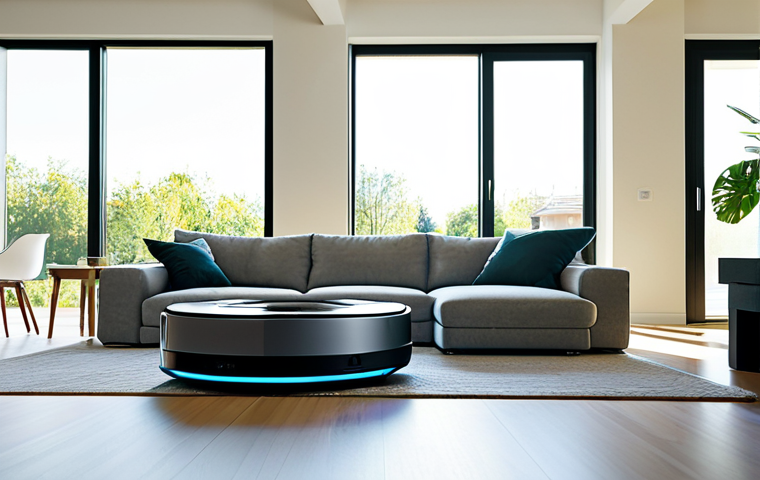 **

"A modern living room with a Roomba i7+ vacuuming the floor. Sunlight streams through the window, highlighting the clean surfaces. Fully clothed people relaxing on a sofa.  Safe for work, appropriate content, family-friendly, professional photography, clean and bright."

**