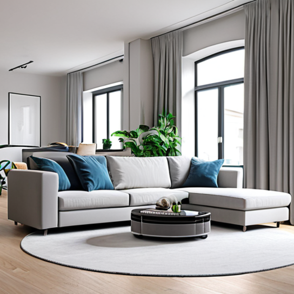 **

"A modern apartment interior. A robot vacuum cleaner navigates around stylish furniture, fully clothed, appropriate content, safe for work, perfect anatomy, natural proportions, professional, modest, family-friendly.  Include some indoor plants.  Bright, clean aesthetic."

**