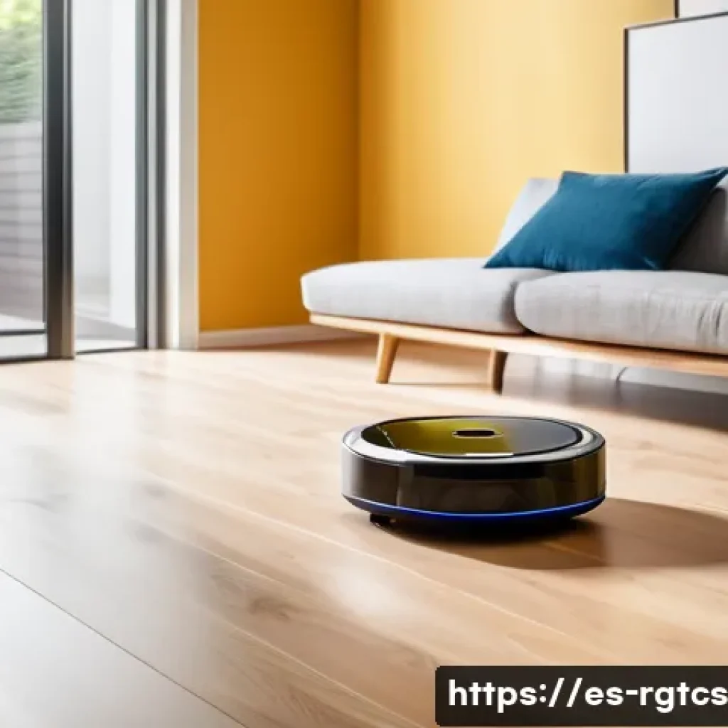 로봇 가사도우미 사용 시 유의사항 - A modern Spanish living room with sleek, minimalist d&eacute;cor featuring a robotic vacuum cleaner activel...