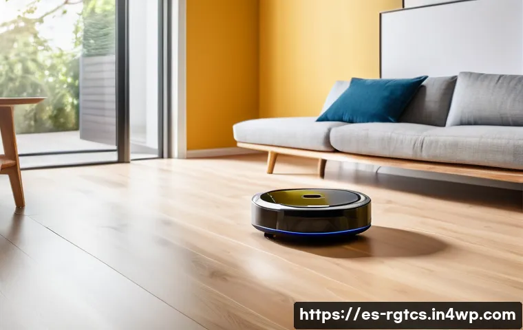 로봇 가사도우미 사용 시 유의사항 - A modern Spanish living room with sleek, minimalist décor featuring a robotic vacuum cleaner activel...