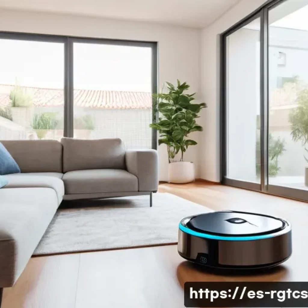 로봇 가사도우미의 장단점 분석 - A modern Spanish family living room scene with a sleek, high-tech robotic vacuum cleaner smoothly na...
