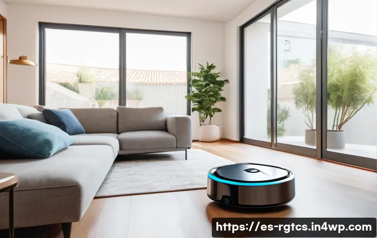 로봇 가사도우미의 장단점 분석 - A modern Spanish family living room scene with a sleek, high-tech robotic vacuum cleaner smoothly na...