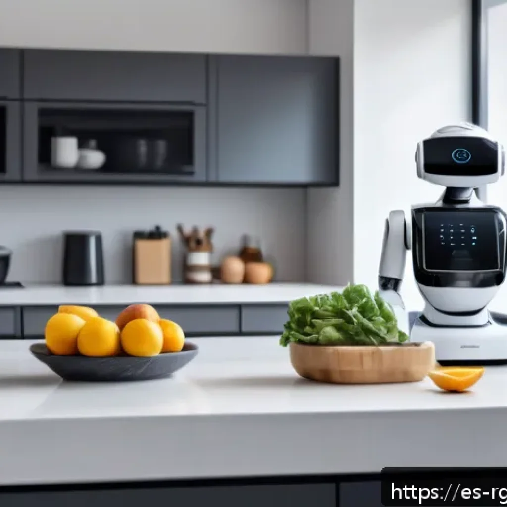 로봇 가사도우미의 미래 기술 예측 - A modern smart home interior featuring a sleek multifunctional domestic robot wearing a subtle unifo...