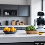 로봇 가사도우미의 미래 기술 예측 - A modern smart home interior featuring a sleek multifunctional domestic robot wearing a subtle unifo...