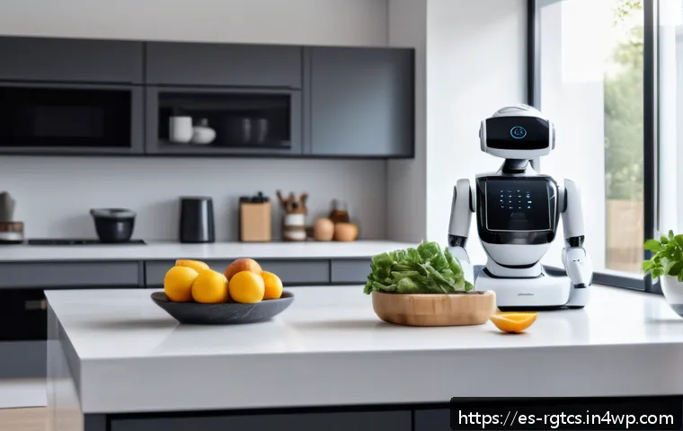 로봇 가사도우미의 미래 기술 예측 - A modern smart home interior featuring a sleek multifunctional domestic robot wearing a subtle unifo...