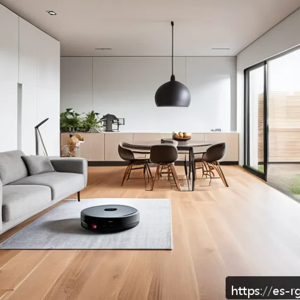 로봇 가사도우미의 성과 및 한계 - A sleek modern living room with a smart home setup featuring a robotic vacuum cleaner seamlessly int...
