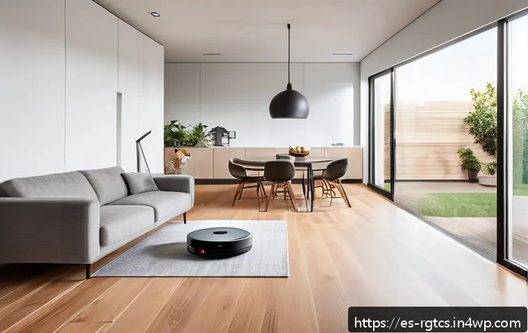 로봇 가사도우미의 성과 및 한계 - A sleek modern living room with a smart home setup featuring a robotic vacuum cleaner seamlessly int...