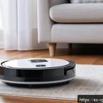 로봇 가사도우미의 배터리 관리 방법 - A modern robotic vacuum cleaner on its charging dock in a bright, well-ventilated living room with s...