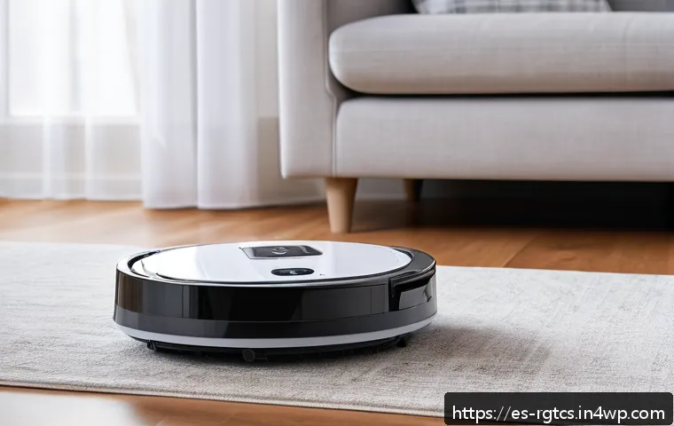 로봇 가사도우미의 배터리 관리 방법 - A modern robotic vacuum cleaner on its charging dock in a bright, well-ventilated living room with s...