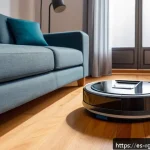 로봇 가사도우미의 고장 원인 및 해결 방법 - A modern robotic vacuum cleaner navigating a cozy Spanish living room with wooden flooring and tradi...