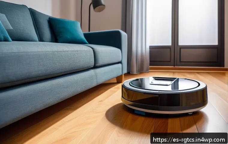 로봇 가사도우미의 고장 원인 및 해결 방법 - A modern robotic vacuum cleaner navigating a cozy Spanish living room with wooden flooring and tradi...