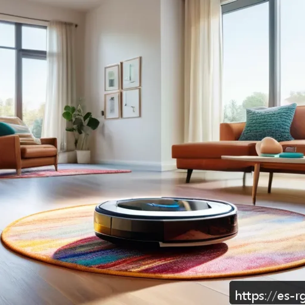 로봇 가사도우미의 정리 및 정돈 기능 - A modern Spanish living room with a sleek robotic vacuum cleaner navigating smoothly across a hardwo...
