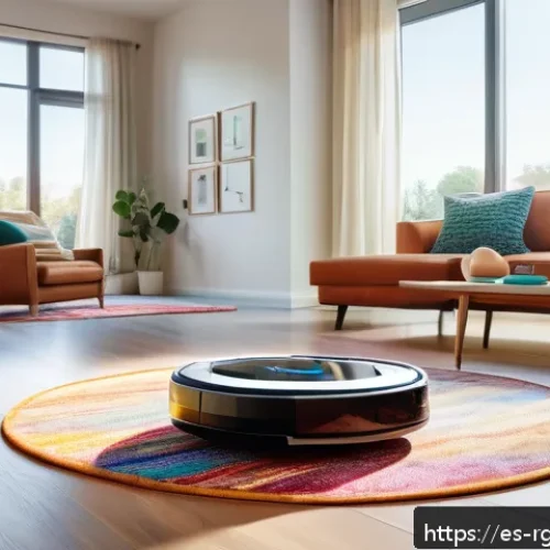 로봇 가사도우미의 정리 및 정돈 기능 - A modern Spanish living room with a sleek robotic vacuum cleaner navigating smoothly across a hardwo...