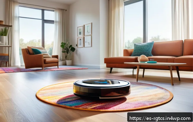 로봇 가사도우미의 정리 및 정돈 기능 - A modern Spanish living room with a sleek robotic vacuum cleaner navigating smoothly across a hardwo...