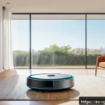 로봇 가사도우미와 관련된 법적 이슈 - A modern Spanish living room featuring a sleek domestic robot vacuum cleaner in action, softly illum...