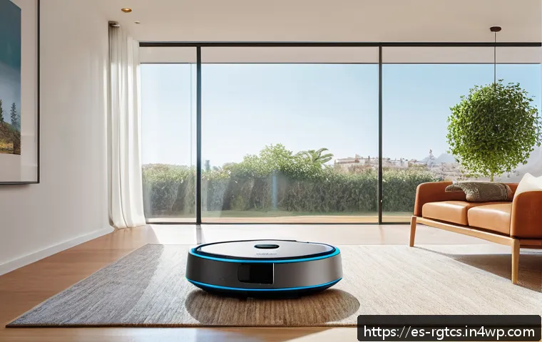 로봇 가사도우미와 관련된 법적 이슈 - A modern Spanish living room featuring a sleek domestic robot vacuum cleaner in action, softly illum...