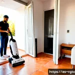 Home 23 로봇 가사도우미 가격 비교 - Photorealistic modern apartment in Madrid, a Spanish couple comparing two sleek robotic household as...