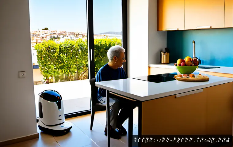 Home 17 로봇 가사도우미의 사용자의 기대와 현실 - Photorealistic modern Spanish apartment kitchen, a friendly compact household robot efficiently arra...